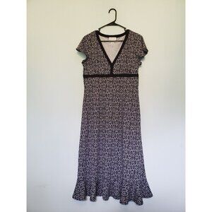 LOFT Womens Sz 10 Dress Short Sleeve V Neck Black Boho Floral Midi Length Flowy